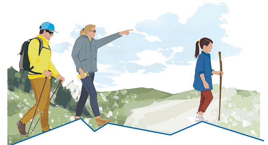 Zeichnung mit drei Menschen beim Wandern